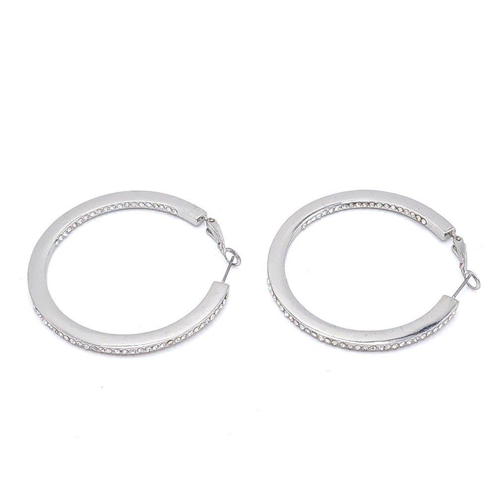 Crystal Pave Hoop Earrings 2in Silver‎ Tone